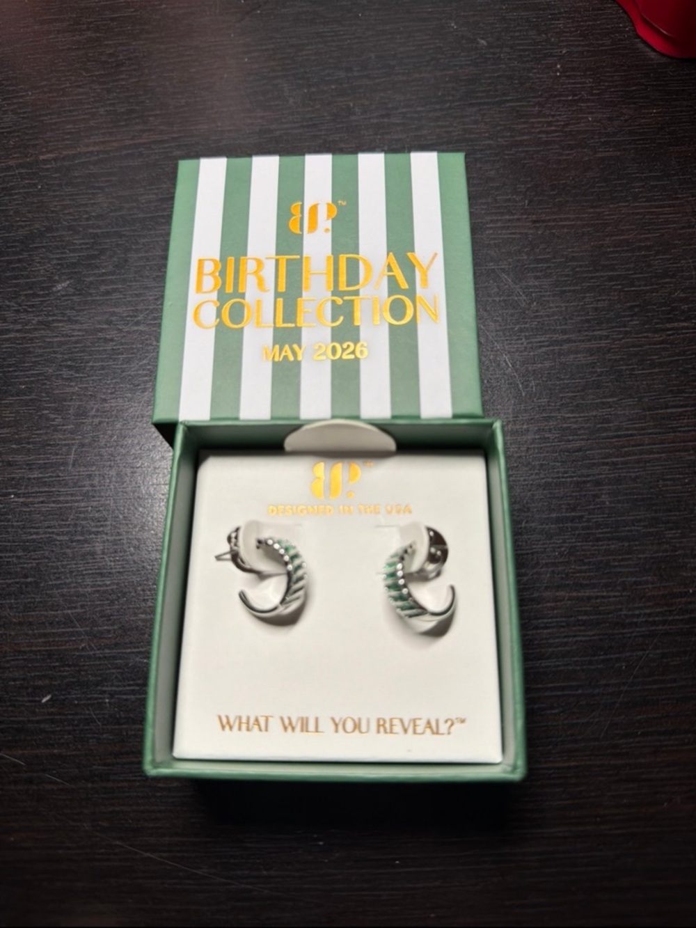 Birthday Collection May 2026 Silver Crescent Hoop Earrings with Green Stones